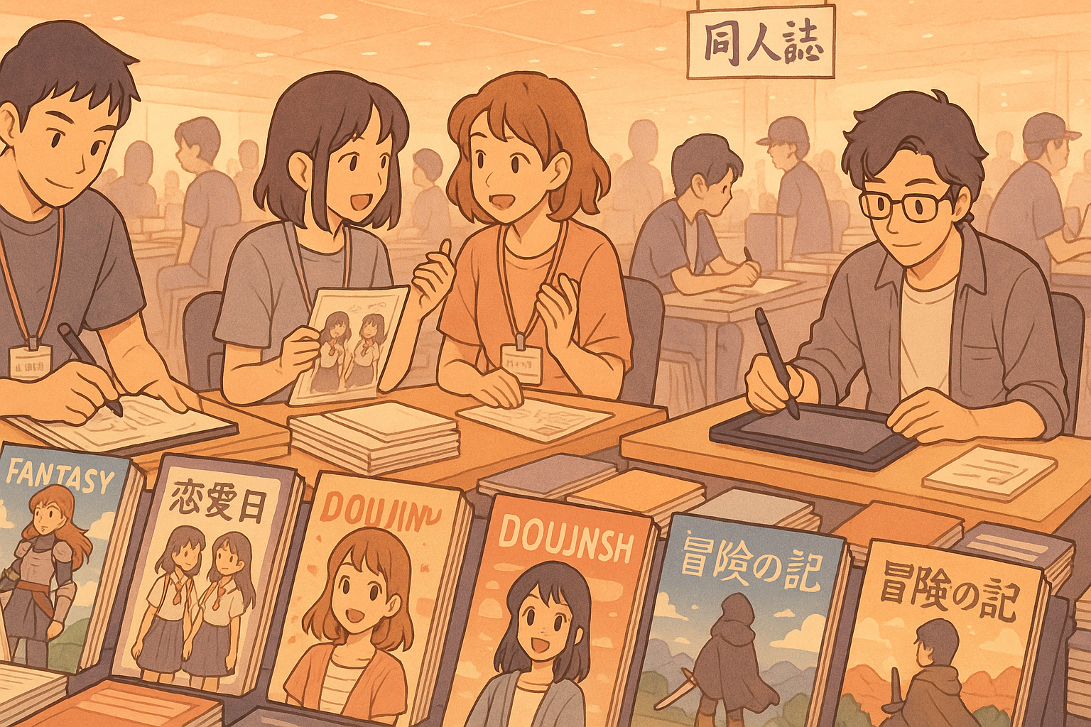 Illustration convention doujinshi japonaise avec cercles créatifs exposant mangas autoédités tous genres non-adultes