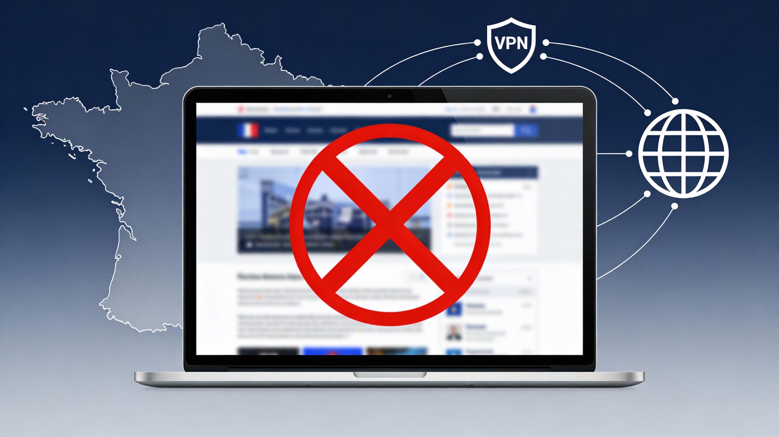 Illustration montrant un écran d'ordinateur avec symbole de blocage rouge sur site web, carte de France en arrière-plan et icônes VPN (bouclier et globe connecté), représentant le blocage DNS des sites en France et les solutions de contournement par VPN